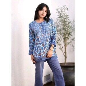 Dolma Silk Blend Floral Blue Tunic Hand Embroidered Henley Bohemian Indian Sz M